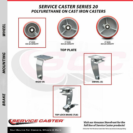 Service Caster 4 Inch Red Poly on Cast Iron Swivel Caster Set with Ball Bearings 2 Brakes SCC-20S420-PUB-RS-2-TLB-2